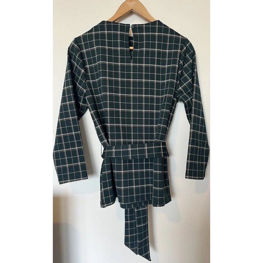 NWT Ann Taylor Factory Green Plaid Tie Front Blouse Size Small